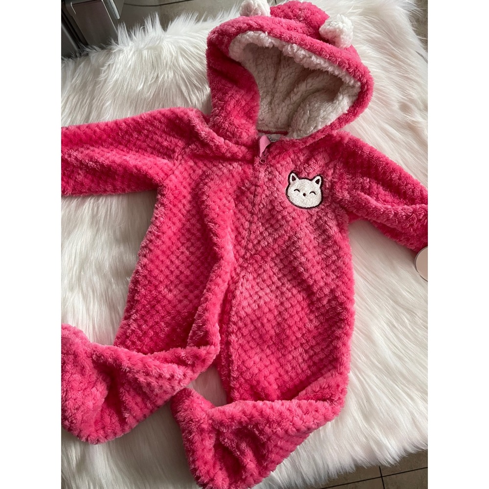 MiniBean Pink Fleece Baby Girls Long Sleeve Jumpsuit Hooded Footed Size 3-6M New